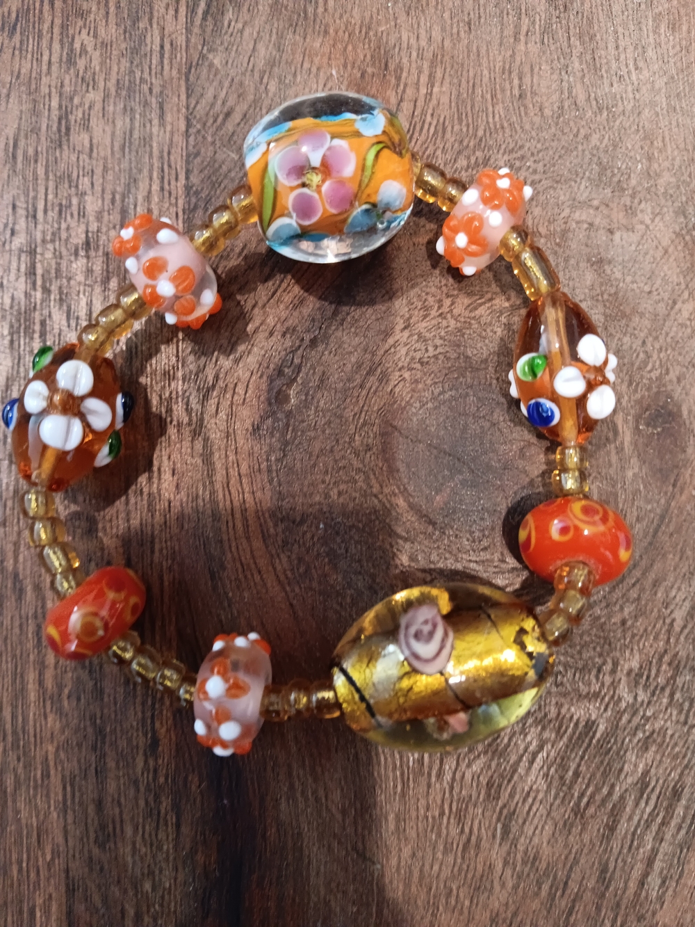 Vintage Colorful Handmade Lampwork Glass Bead Bracelet - Floral Accent